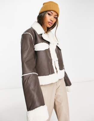 NA-KD x Rianne Meijer bonded aviator jacket with faux shearling in brown