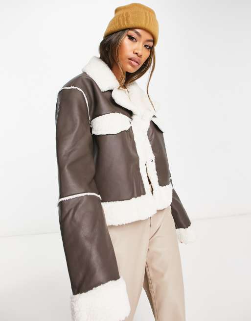 NA-KD x Rianne Meijer bonded aviator jacket with faux shearling in ...