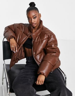 NA-KD X Rianne Meijer faux-leather padded jacket in brown | ASOS