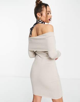 NA KD x Rianne Meijer off the shoulder mini dress in beige