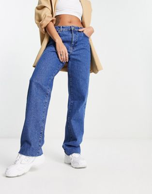 NA-KD x Rianne Meijer straight jeans with raw him in blue wash | ASOS