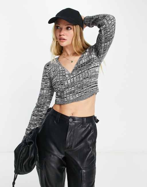 NA-KD x Rianne Meijer wrap knitted top in black melange | ASOS