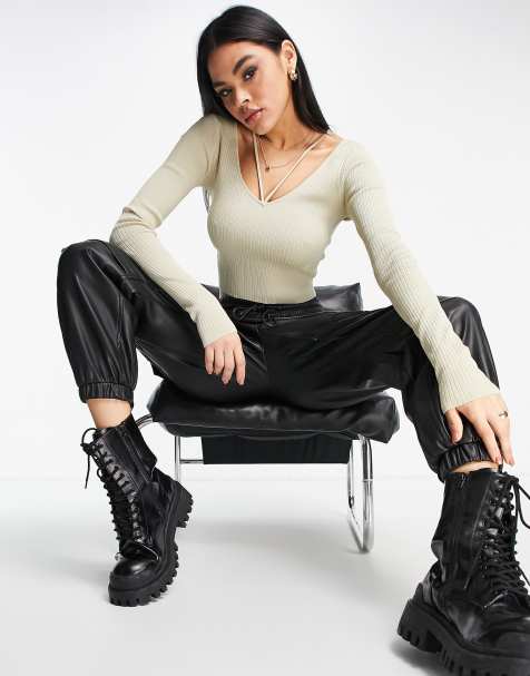 NA-KD  X Sofia Coelho deep v strap detail long sleeve top in beige - view 1