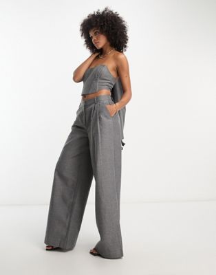NA-KD x Stephsa 3-piece co-ord pleat detail suit trousers in grey