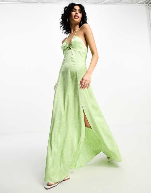 NA-KD x Stephsa cut out front satin maxi dress in green flower print