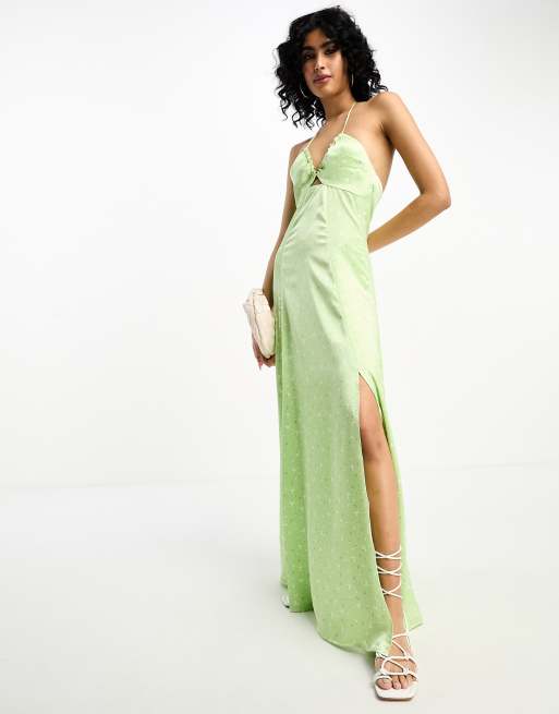 NA-KD x Stephsa cut out front satin maxi dress in green flower print