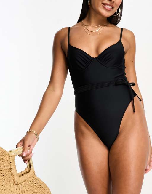 NA KD x Stephsa high leg swimsuit with belt in black