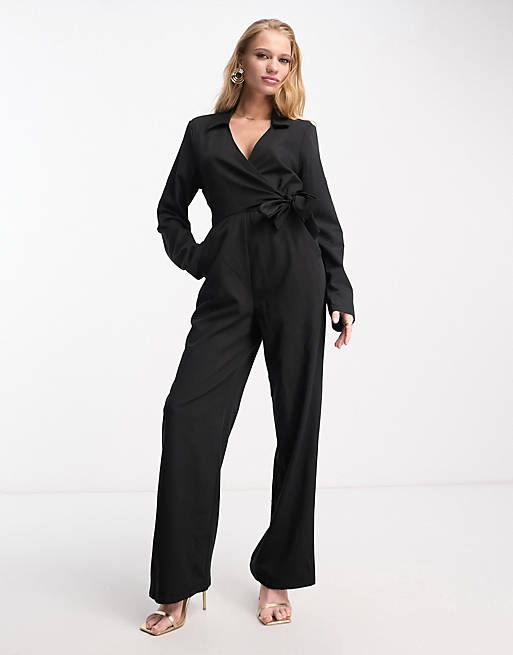 NA-KD x Stephsa jumpsuit with tie waist in black | ASOS