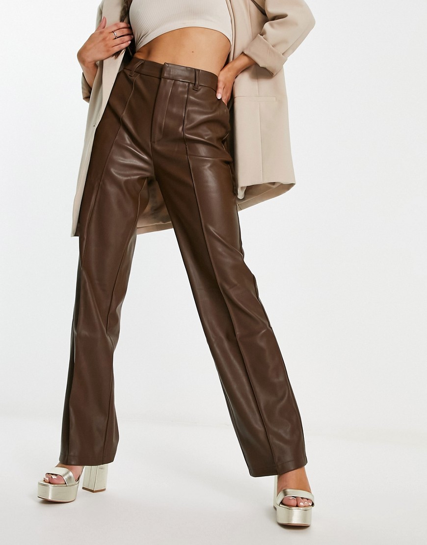 NA-KD x Stephsa straight leg faux leather pants in brown