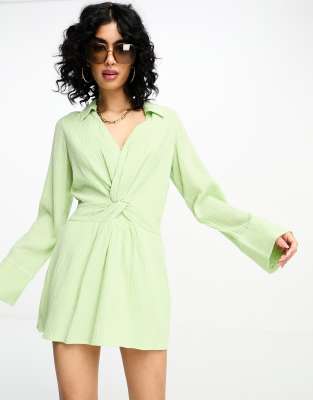 NA-KD NA-KD x Stephsa twist front linen mini shirt dress in green