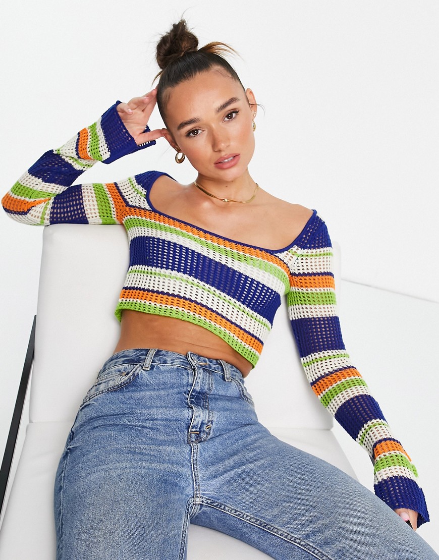 NA-KD x Susanna Wurz crochet open back sweater in multi stripe