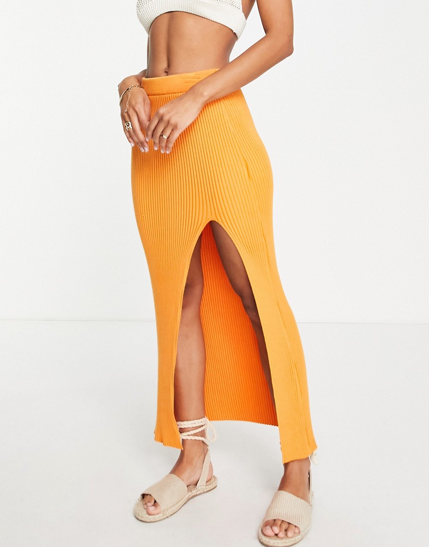 NA-KD X Susanna Wurz rib knit high slit midi skirt in orange