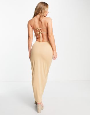 NA-KD X Zoe Pastelle bandeau open back maxi dress in beige | ASOS