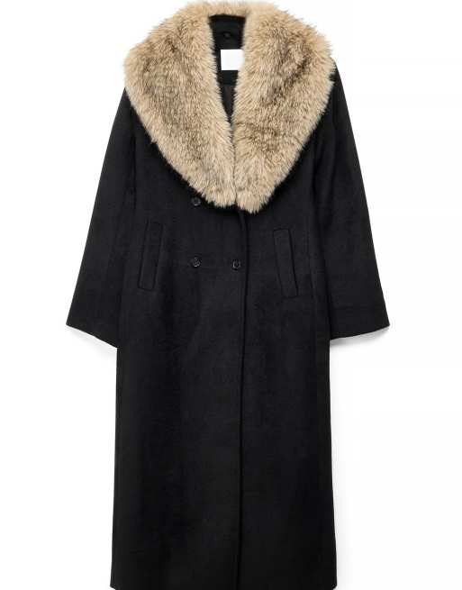 NA-KD Zweireihiger Mantel mit Webpelzdetail in Schwarz, 5 von 5