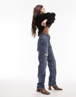 Topshop Dad jeans with thigh and side rip in mid blue