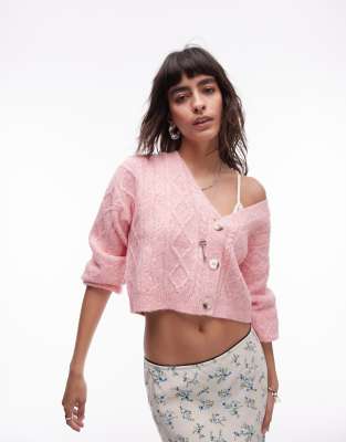 Topshop Na  Cable Knit Cardigan In Rose-pink