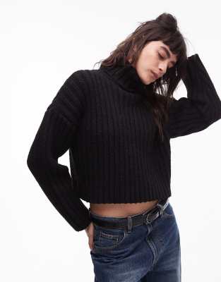 TOPSHOP KNITTED ROLL NECK RIB CROP SWEATER 