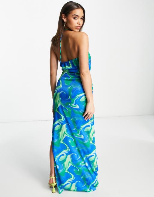 NaaNaa back detail maxi satin dress in blue and green swirl print