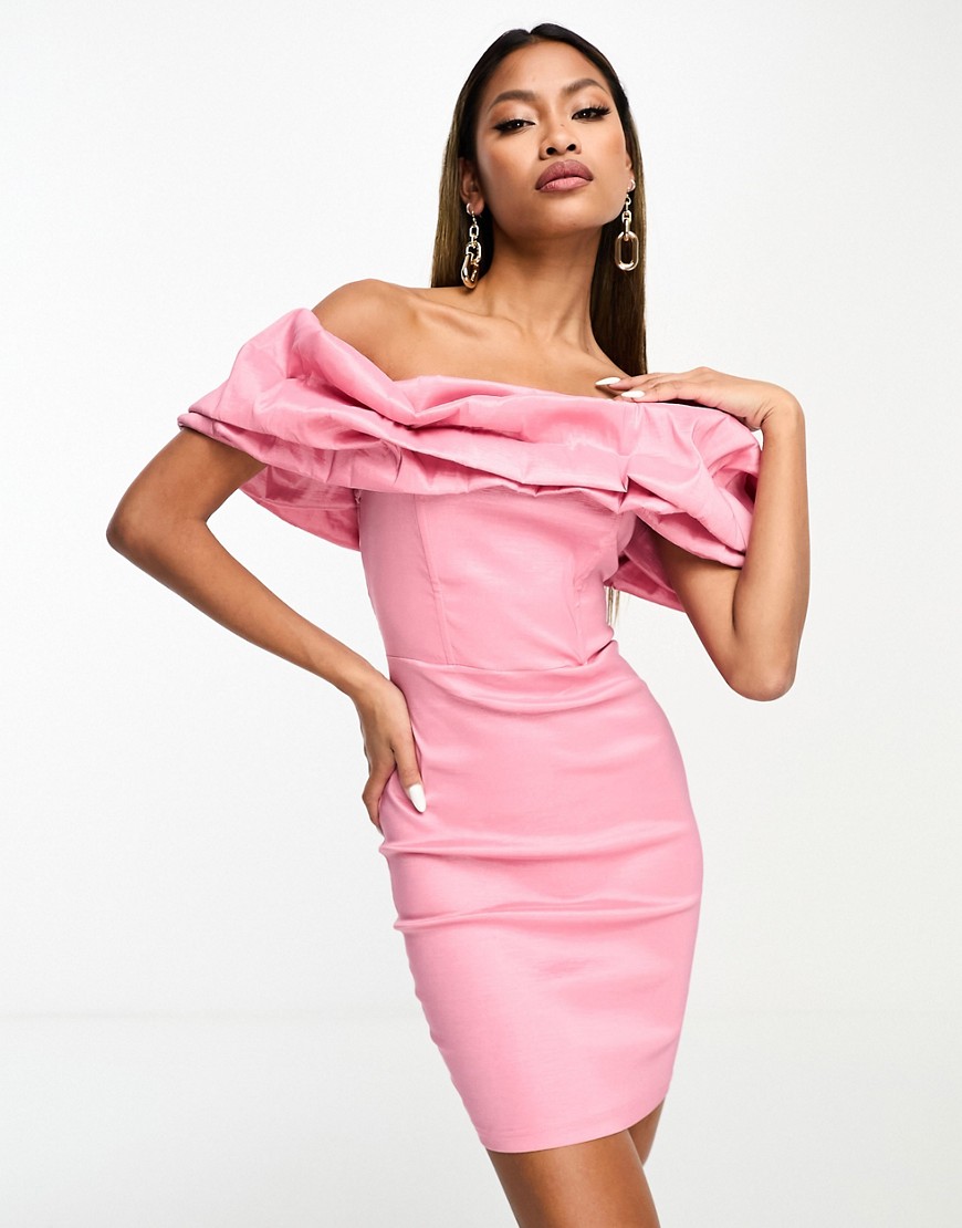 NaaNaa bardot mini dress with oversized frill detail in pink