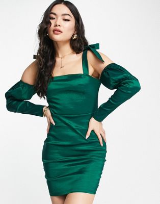 bardot puff sleeve satin bodycon dress in green