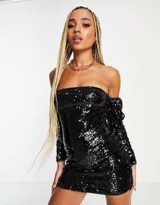 Parallel Lines Bardot Ruched Corset Mini Dress In Black Sequin