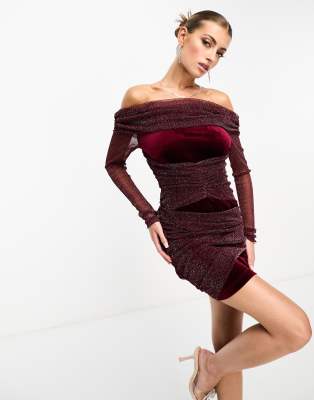 NaaNaa NaaNaa bardot velvet mini dress with shimmer in burgundy-Red