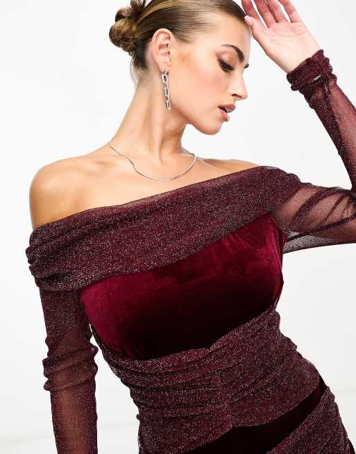 NaaNaa bardot velvet mini dress with shimmer in burgundy