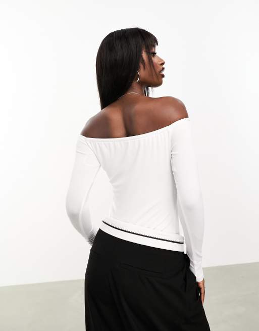 NaaNaa - Body a maniche lunghe crema con fodera doppia e scollo alla Bardot, 2 di 4