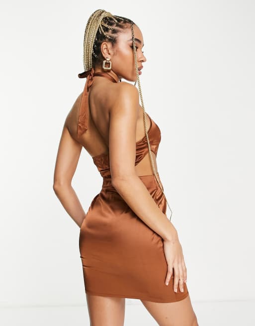NaaNaa - Brun bodycon-minikjole med udskæringer i satin, 3 af 4