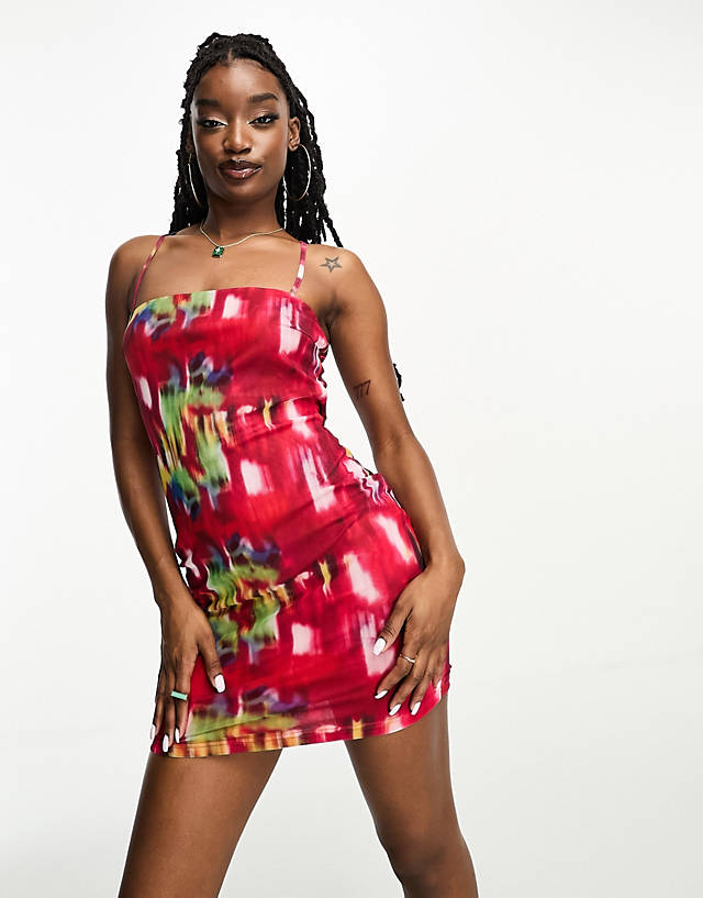 NaaNaa - cami bodycon dress with tie back detail in red abstract print