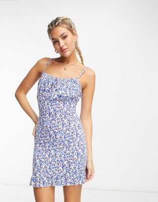 NaaNaa cami mini dress with ruffle detail in white and blue floral - ASOS Price Checker