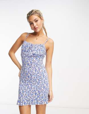 NaaNaa cami mini dress with ruffle detail in white and blue floral | ASOS