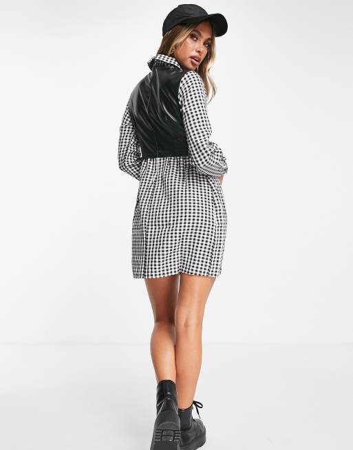 NaaNaa - Camicia 2 in 1 monocolore a quadretti con canotta in ecopelle PU, 2 di 4