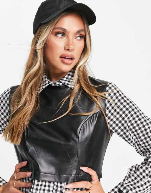 NaaNaa - Camicia 2 in 1 monocolore a quadretti con canotta in ecopelle PU, 3 di 4