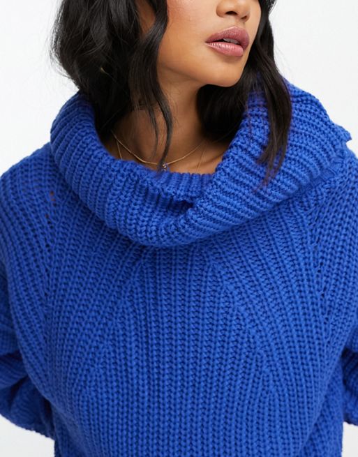 ASOS DESIGN chunky cable knit roll neck sweater in cobalt blue