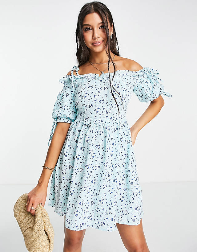 NaaNaa - cold shoulder mini dress in blue floral