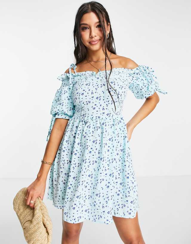 NaaNaa cold shoulder mini dress in blue floral