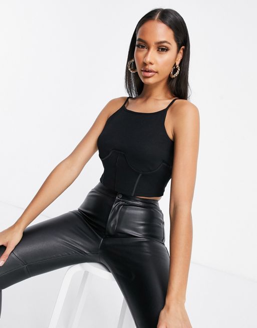 ASOS DESIGN skinny crop tank top in black faux leather with corset detail