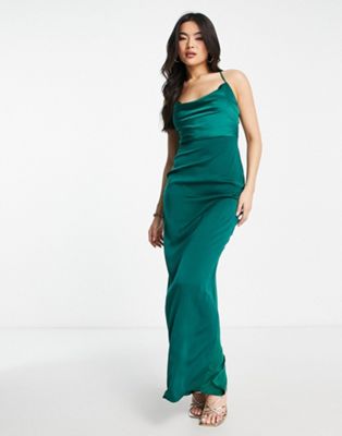 Naanaa Cowl Neck Satin Maxi Dress In Emerald Green