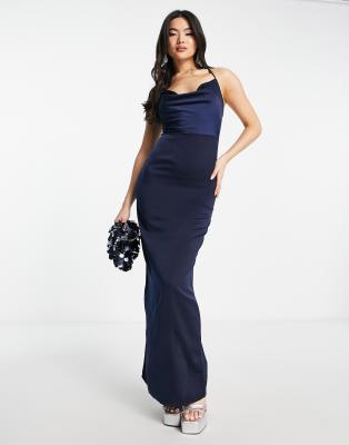 cowl neck satin maxi dress in navy