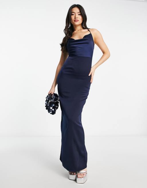 Ardent Maxi Dress - Cowl Neck Tie Back Satin Dress in Navy