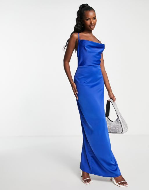 NaaNaa cowl neck satin maxi prom dress in cobalt