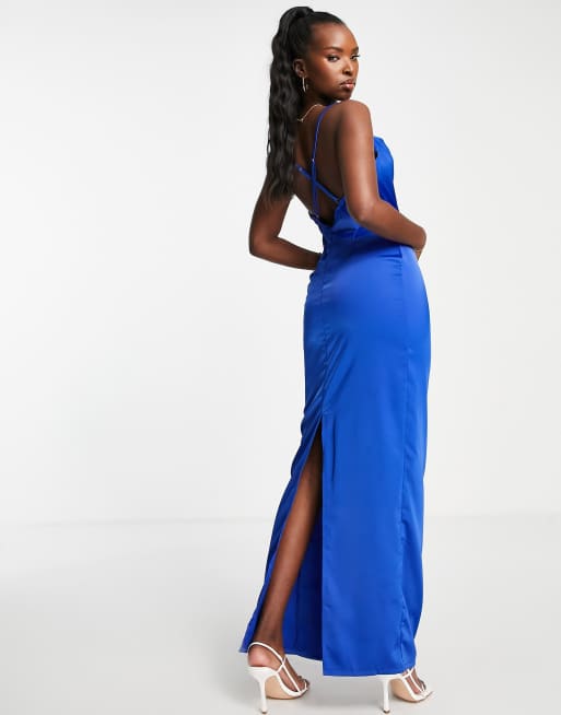 NaaNaa cowl neck satin maxi prom dress in cobalt