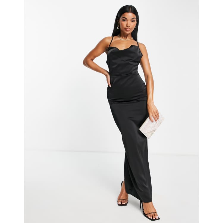 NaaNaa cowl neck satin prom maxi dress in black ASOS