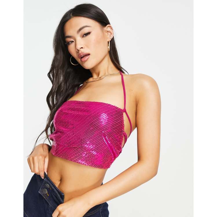 NaaNaa cowl neck sequin festival top in bright pink | ASOS