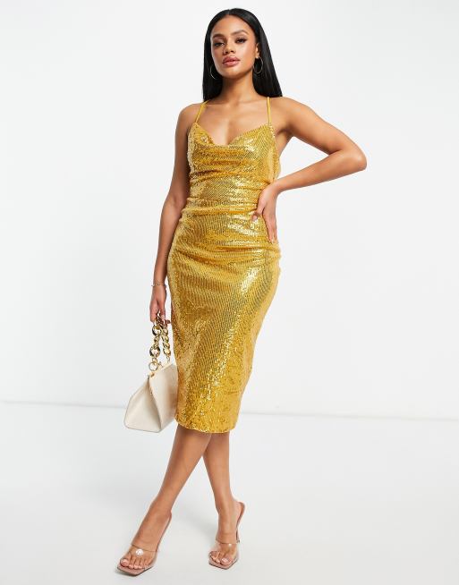 NaaNaa cowl neck sequin midi dress in gold | ASOS