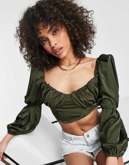 NaaNaa - Crop top a corsetto in raso kaki