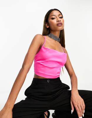 NaaNaa - Crop top in raso rosa acceso allacciato dietro con scollo ad anello