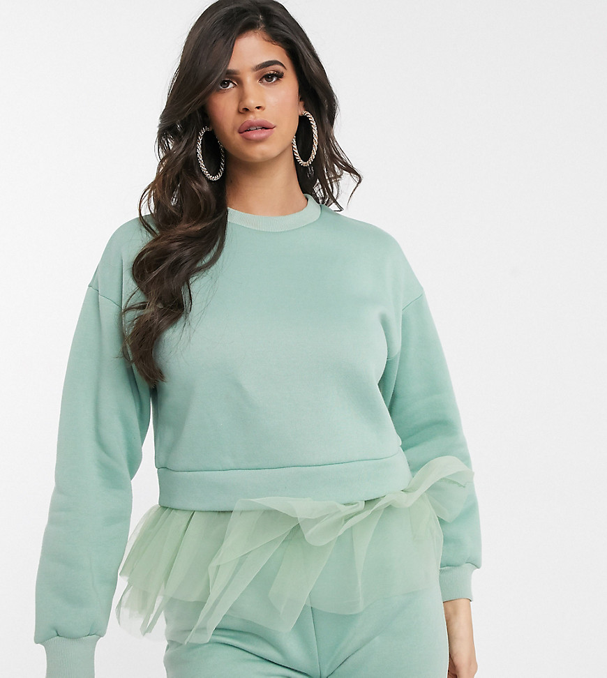 NaaNaa - Cropped sweatshirt met rand van tule, combi-set in groen