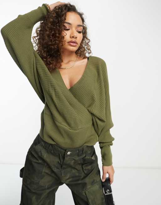 Off shoulder cross wrap batwing sleeve sweater hot sale